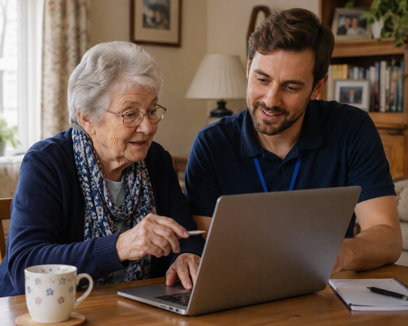 A support worker helping an older person with their laptop at home