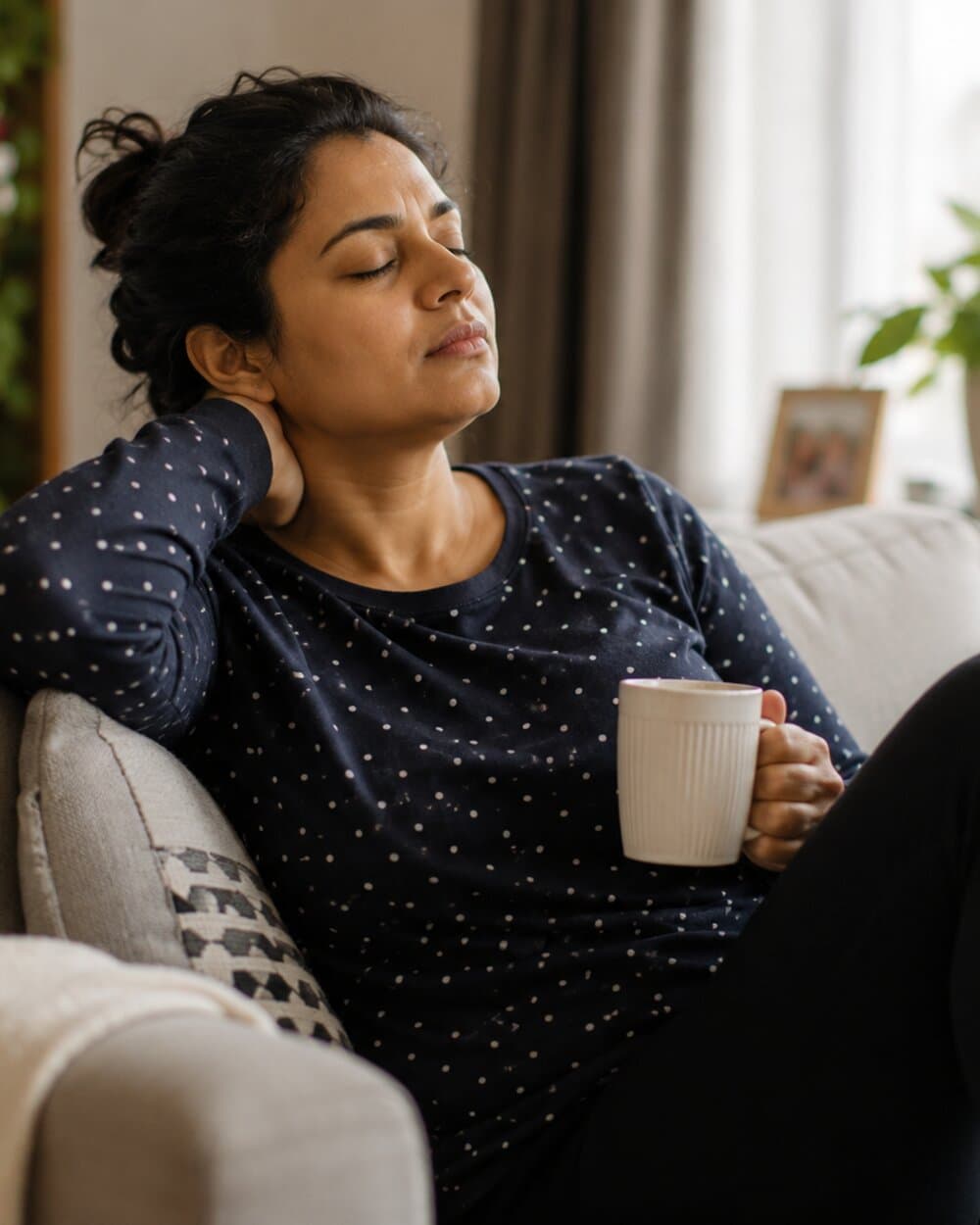 A woman resting on a sofa, taking a moment during a difficult day