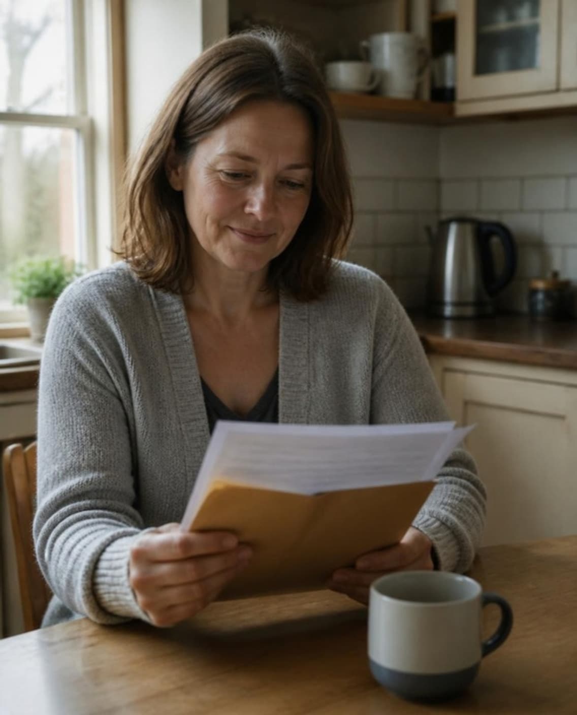 A woman at her kitchen table reading a letter